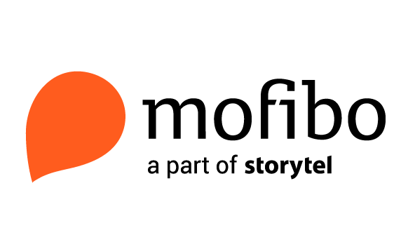 Mofibo logo med orange bladformet ikon og sort tekst.